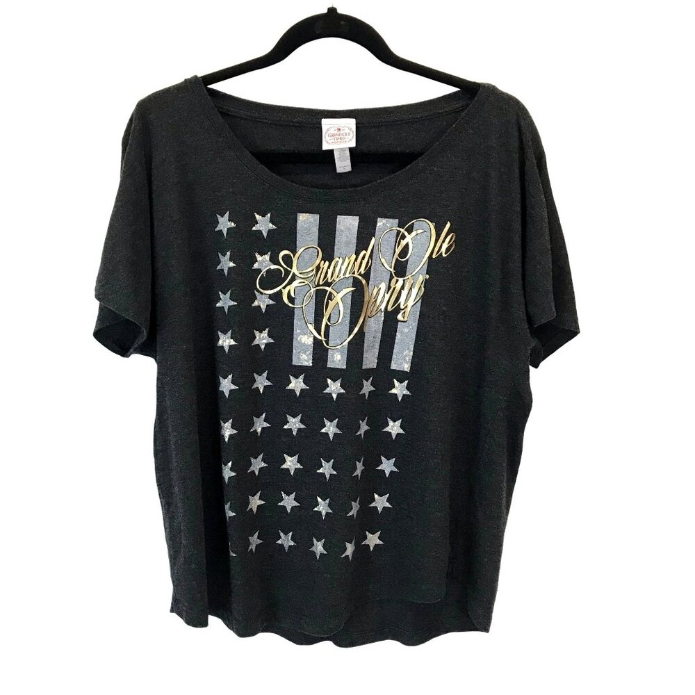 Grand Ole Opry Womens Charcoal Gray T-Shirt W/ Stars & Stripes Graphic Size L